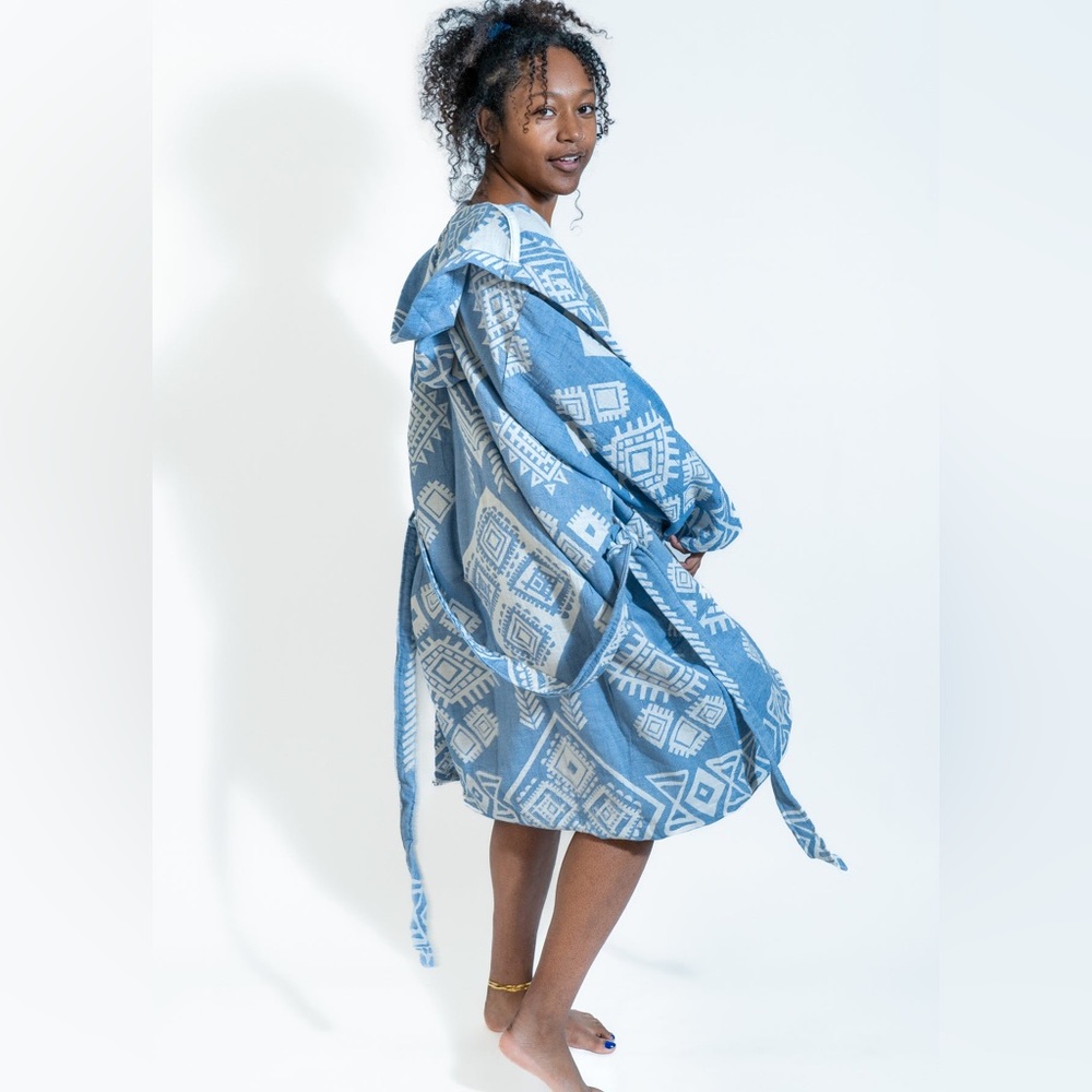 Otantica Tribal Boho Hooded Robe in Blue and White